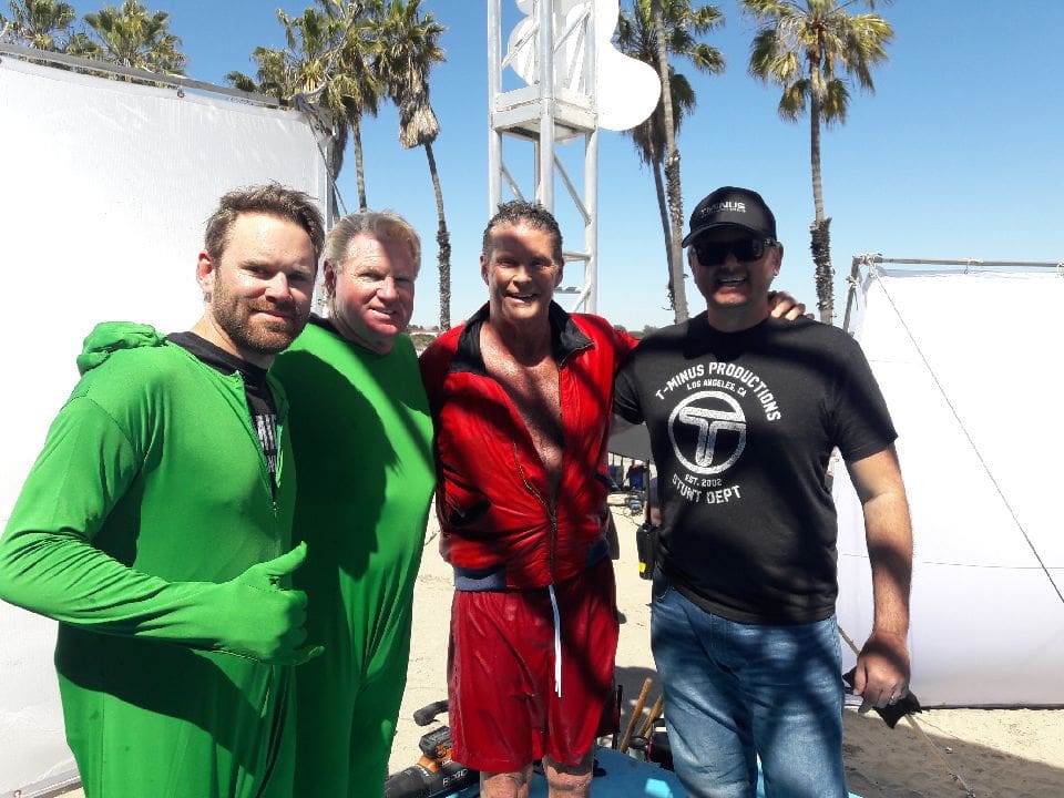 Photo of Stuntmen Tim James, Stuntman Terry James, David Hasselhoff and Stunt Coordinator TJ White.